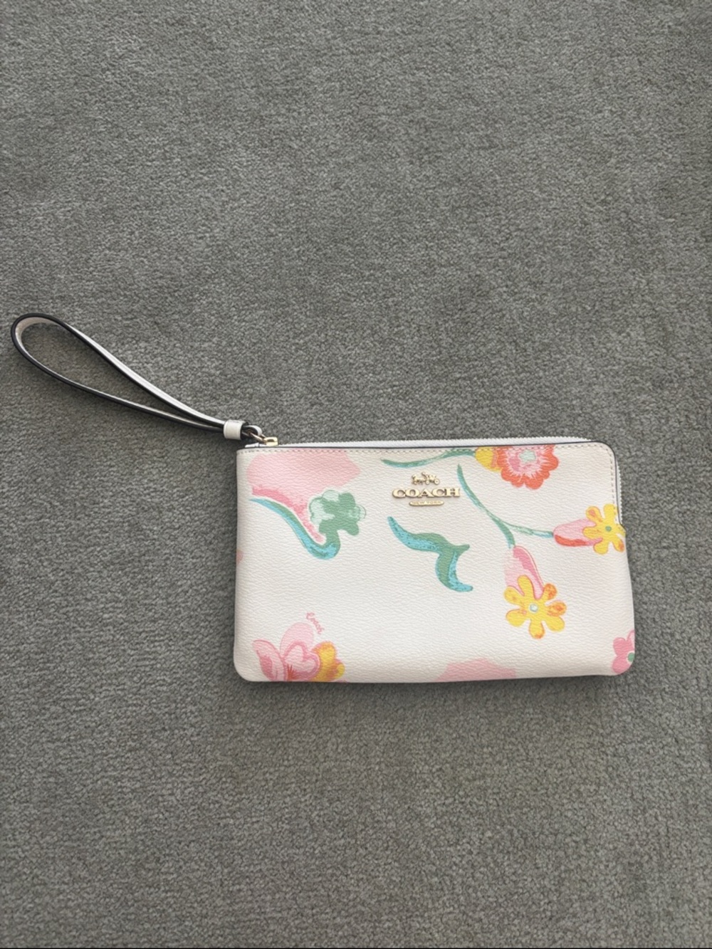 Coach Floral Leather Zip Wristlet in White with Pastel Accents